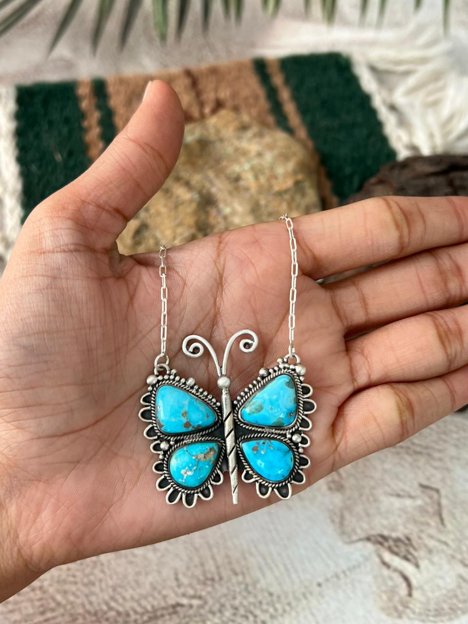 Handmade Sterling Silver White Water Turquoise Butterfly Necklace "Signed Nizhoni"