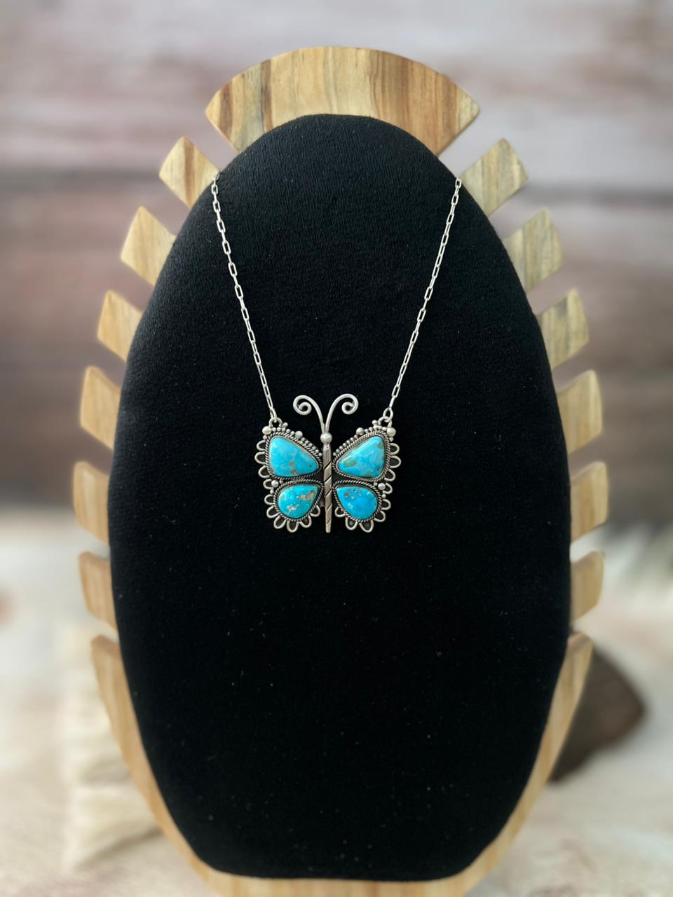 Handmade Sterling Silver White Water Turquoise Butterfly Necklace "Signed Nizhoni"