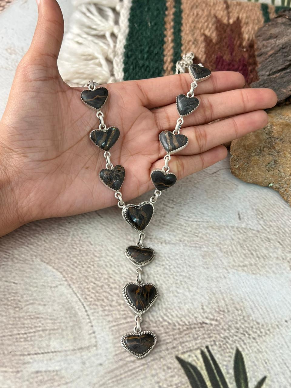 Handmade Sterling Silver Blackjack Turquoise Heart Necklace "Signed Nizhoni"