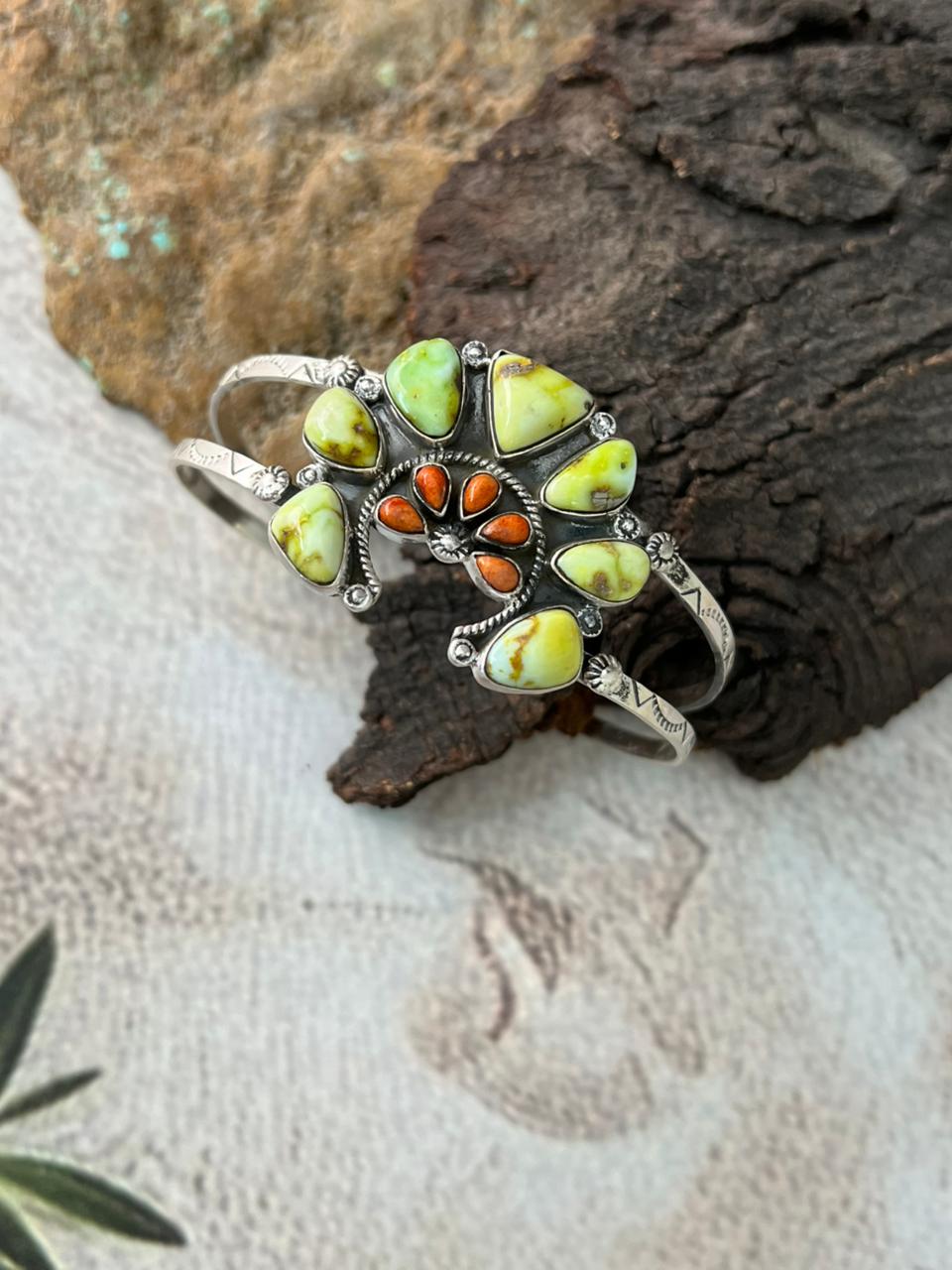 Handmade Sterling Silver Palomino Turquoise with Orange Mojave Cuff Bracelet "Signed Nizhoni"