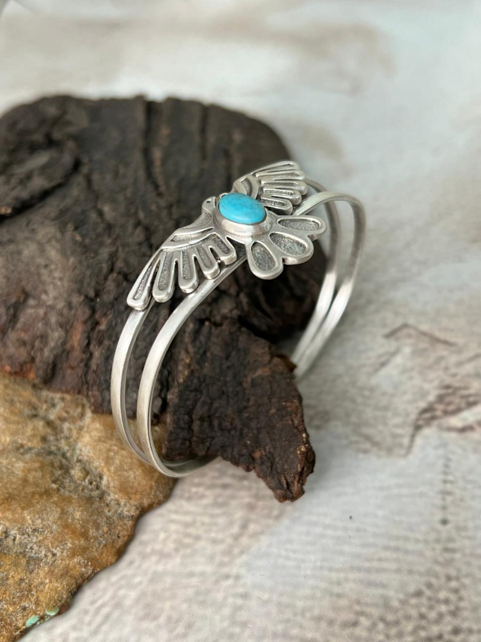 Handmade Sterling Silver Kingman Turquoise Thunderbird Cuff Bracelet "Signed Nizhoni"