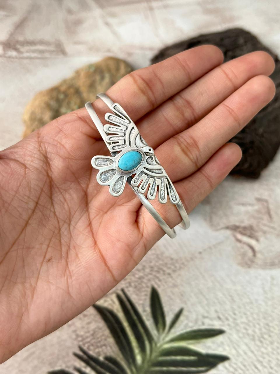 Handmade Sterling Silver Kingman Turquoise Thunderbird Cuff Bracelet "Signed Nizhoni"