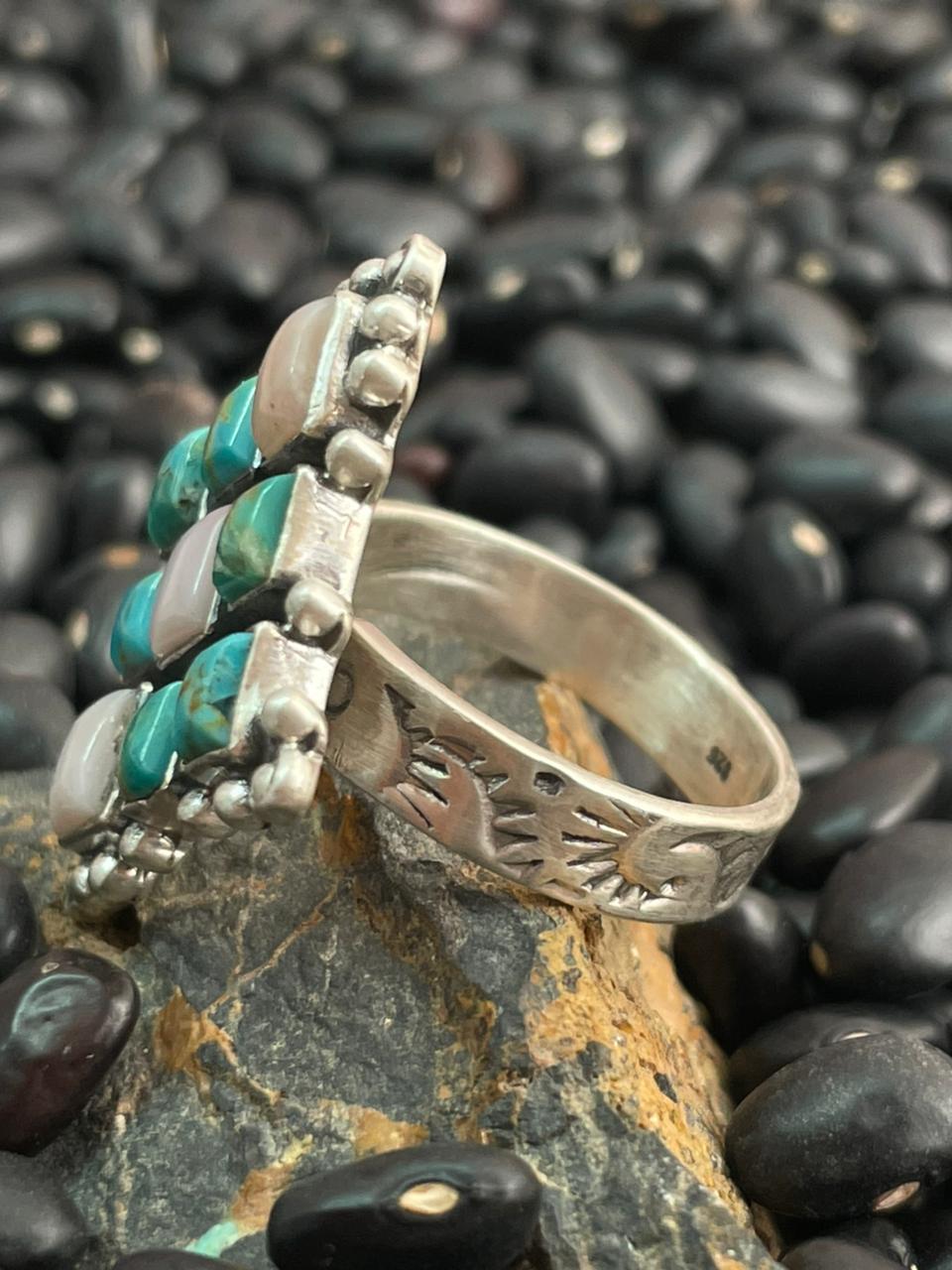 Handmade Sterling Silver Kingman Turquoise with Pink Opal Adjustable Ring "Signed Nizhoni"