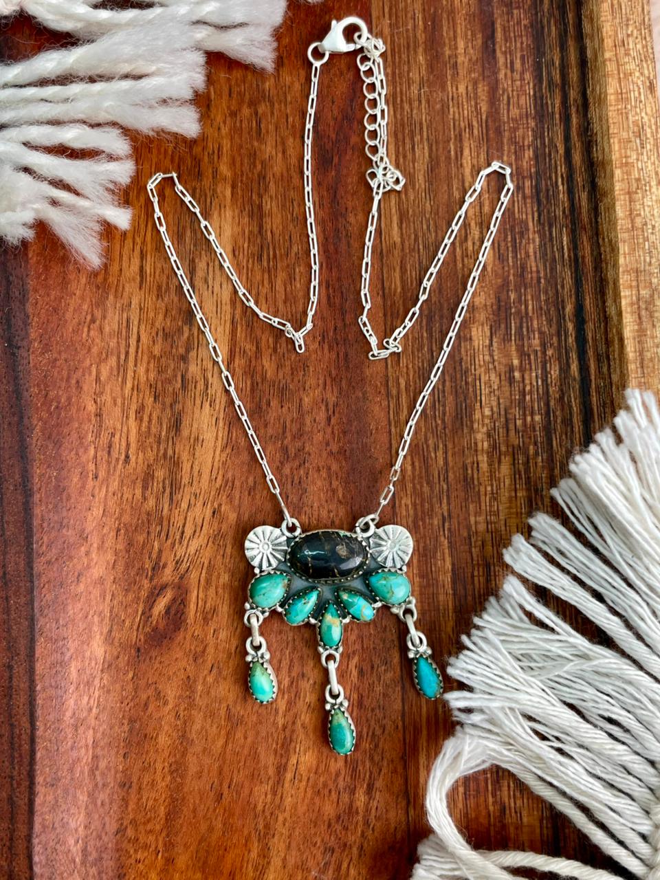 Handmade Sterling Silver Blackjack with Kingman Turquoise Necklace "Signed Nizhoni"