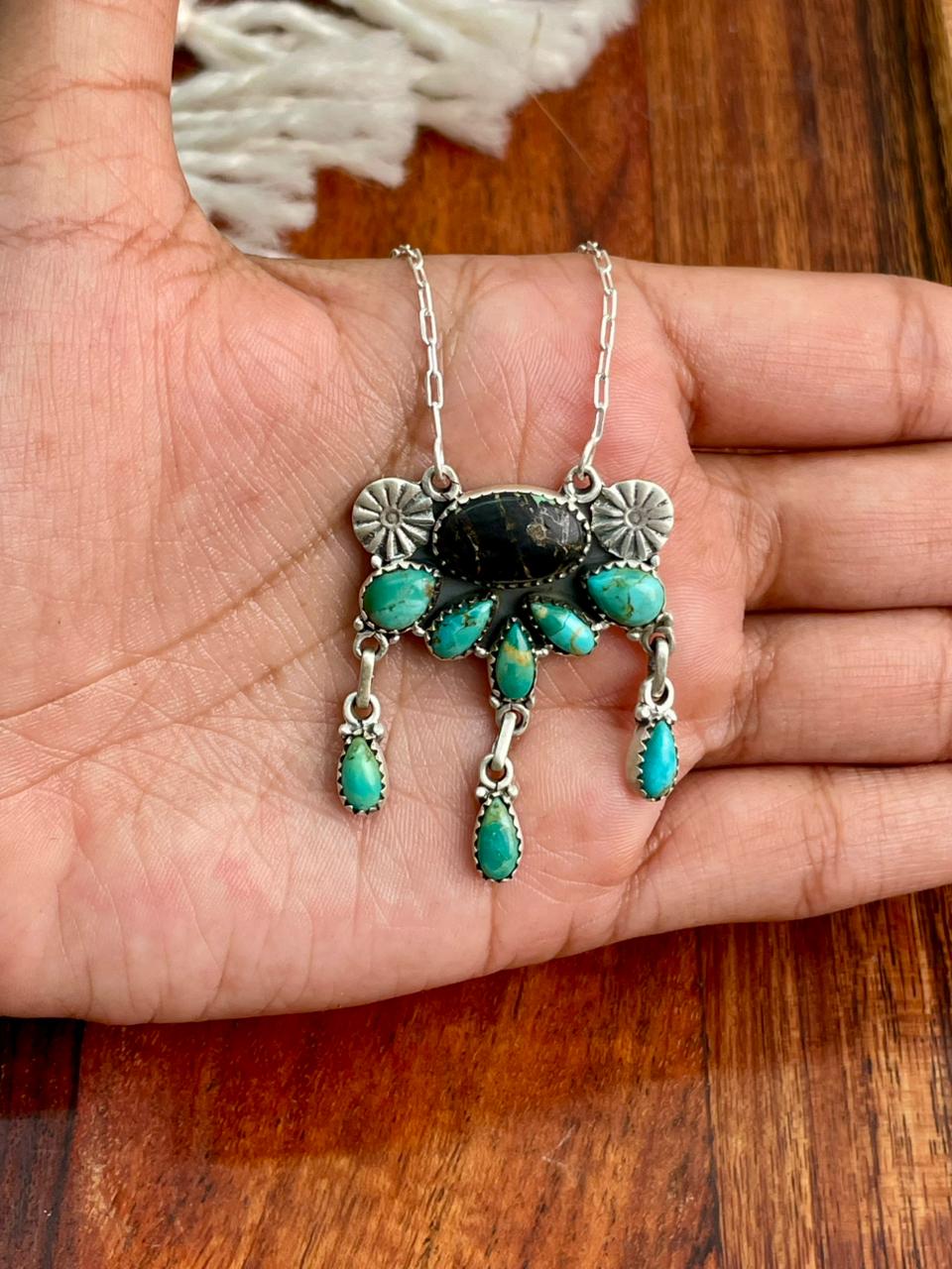 Handmade Sterling Silver Blackjack with Kingman Turquoise Necklace "Signed Nizhoni"