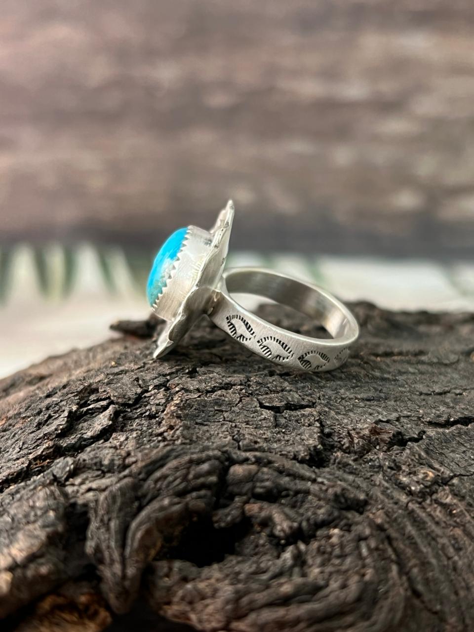Handmade Sterling Silver Blue Kingman Turquoise Adjustable Ring "Signed Nizhoni"