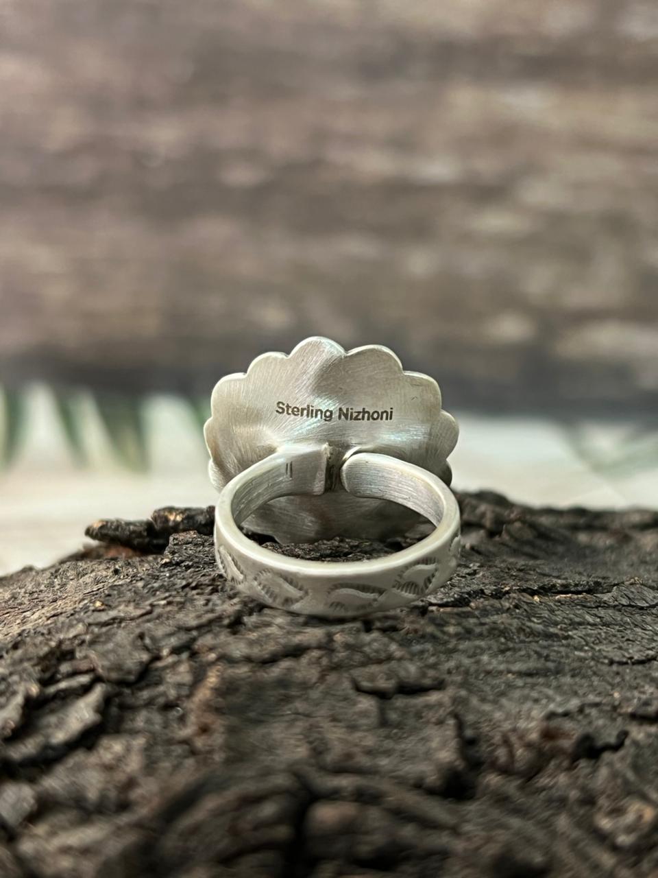 Handmade Sterling Silver Blue Kingman Turquoise Adjustable Ring "Signed Nizhoni"