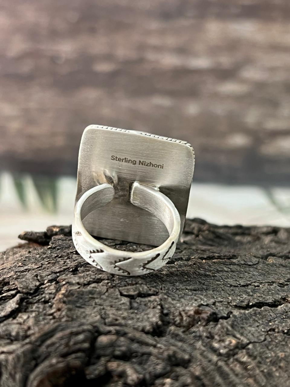 Handmade Sterling Silver Number 8 Turquoise Adjustable Ring "Signed Nizhoni"