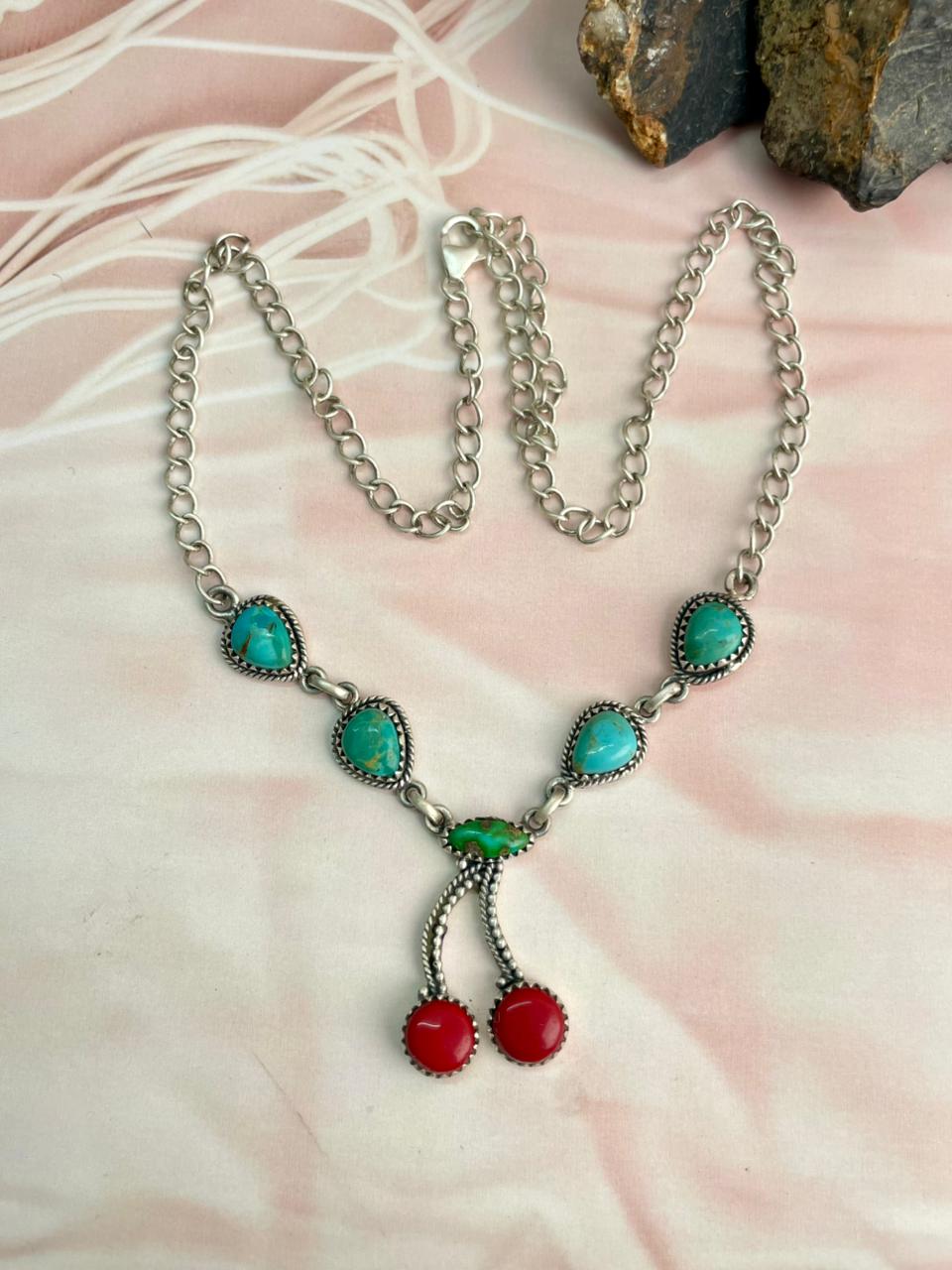 Handmade Sterling Silver Rosarita with Sonoran and Kingman Turquoise Necklace "Signed Nizhoni"
