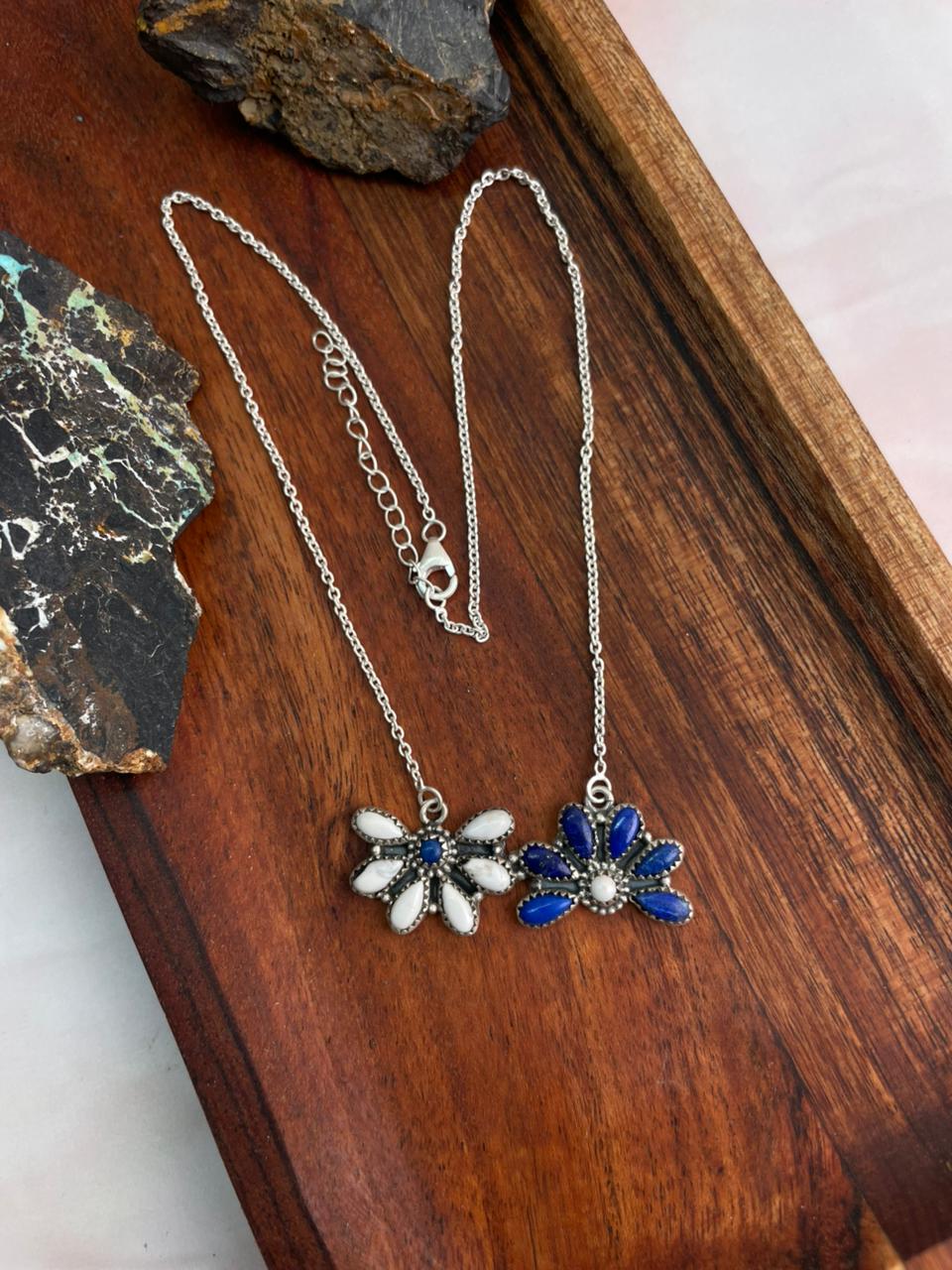 Handmade Sterling Silver Lapis with White Buffalo Necklace "Signed Nizhoni"
