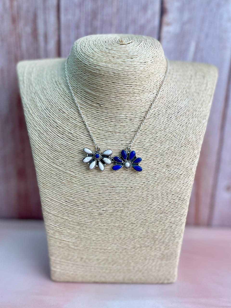 Handmade Sterling Silver Lapis with White Buffalo Necklace "Signed Nizhoni"