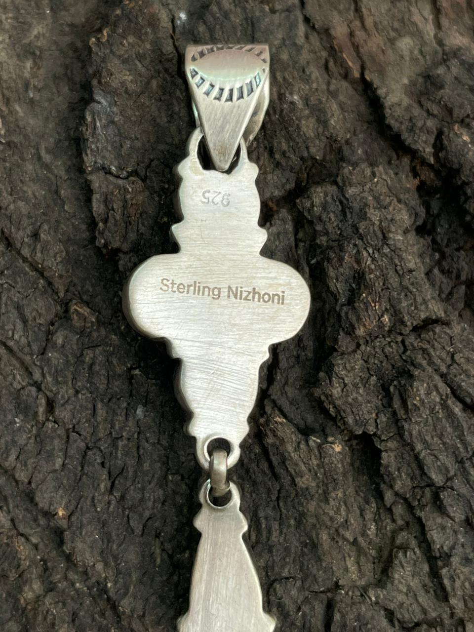 Handmade Sterling Silver Kingaman Turquoise with Orange Mojave Pendant "Signed Nizhoni"