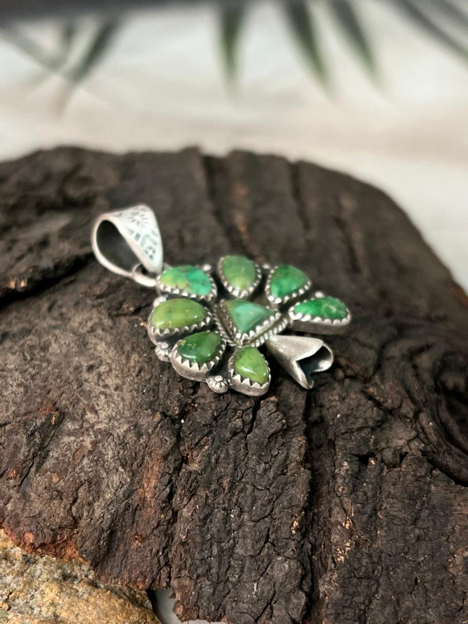 Handmade Sterling Silver Emerald Valley Turquoise Pendant "Signed Nizhoni"