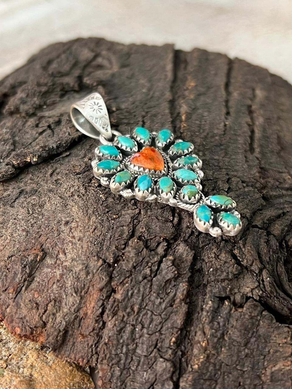 Handmade Sterling Silver Kingman Turquoise with Orange Mojave Pendant "Signed Nizhoni"