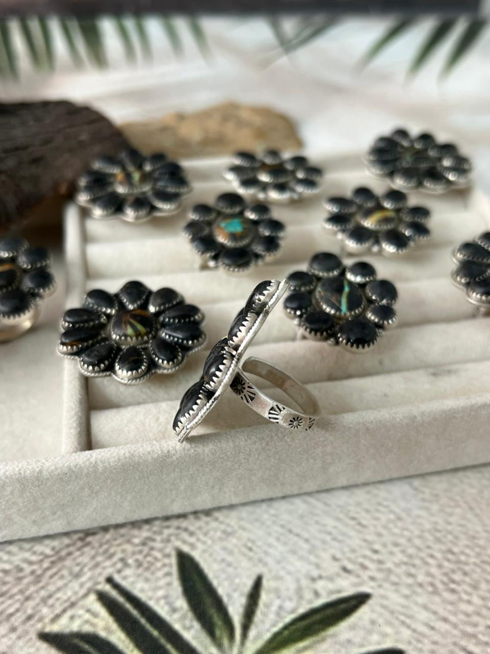 Handmade Sterling Silver Blackjack Turquoise Adjustable Ring "Signed Nizhoni"