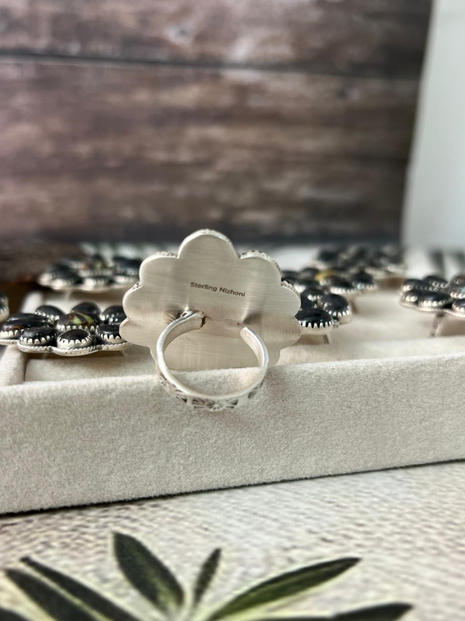 Handmade Sterling Silver Blackjack Turquoise Adjustable Ring "Signed Nizhoni"