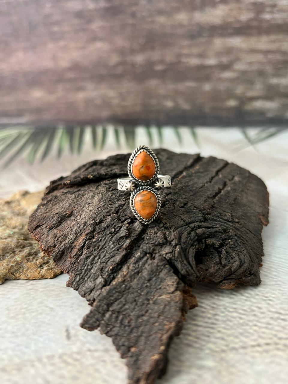 Handmade Sterling Silver Orange Mojave Adjustable Ring "Signed Nizhoni"