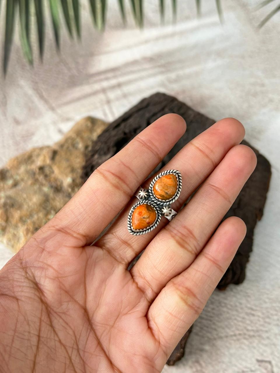 Handmade Sterling Silver Orange Mojave Adjustable Ring "Signed Nizhoni"