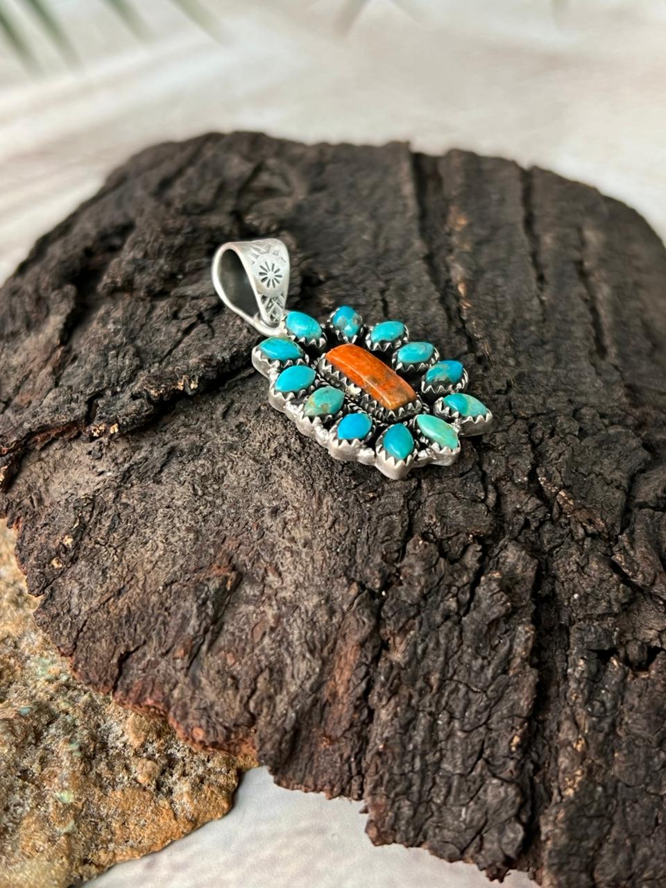 Handmade Sterling Silver Kingman Turquoise with Orange Mojave Pendant "Signed Nizhoni"
