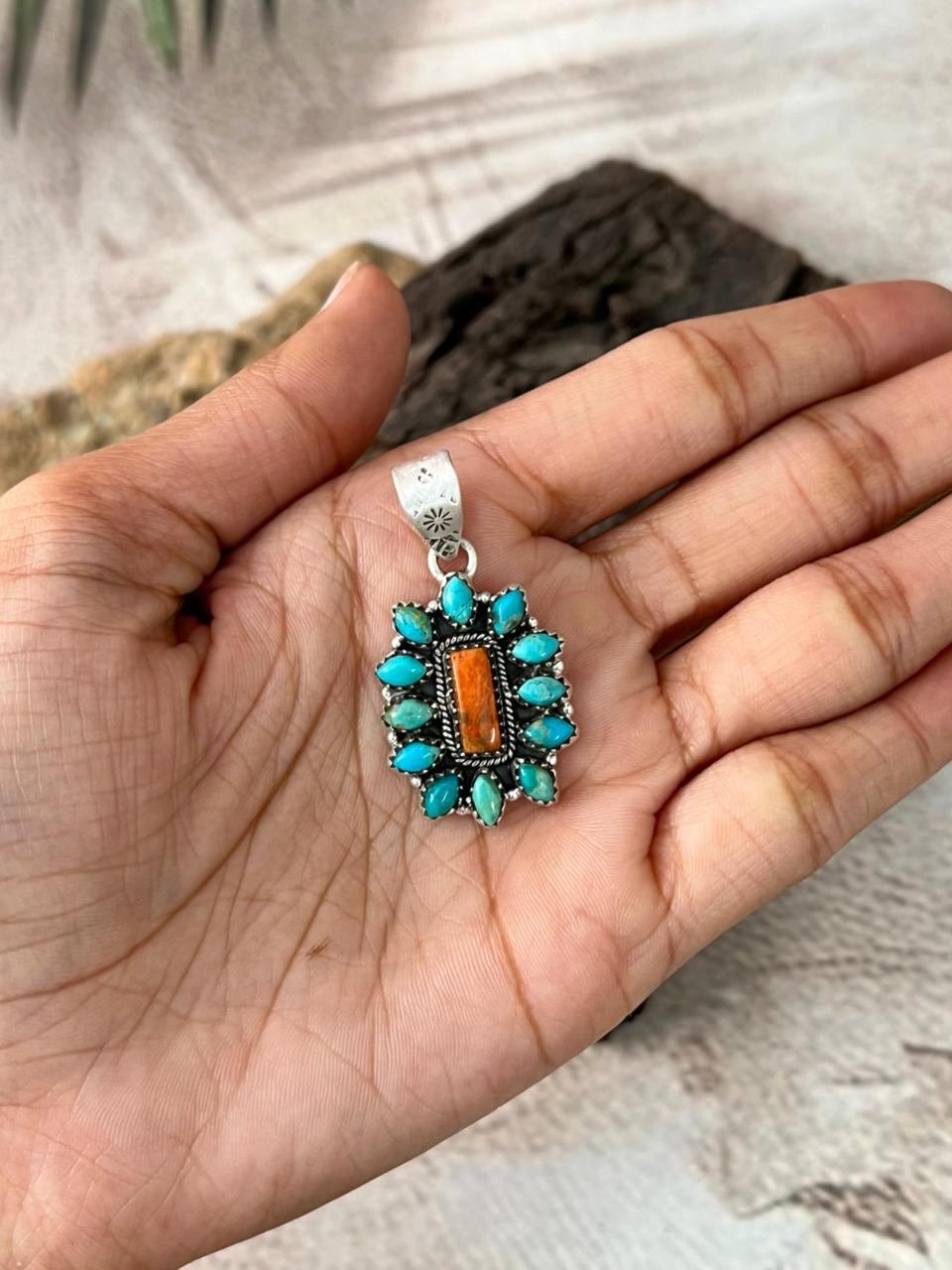 Handmade Sterling Silver Kingman Turquoise with Orange Mojave Pendant "Signed Nizhoni"