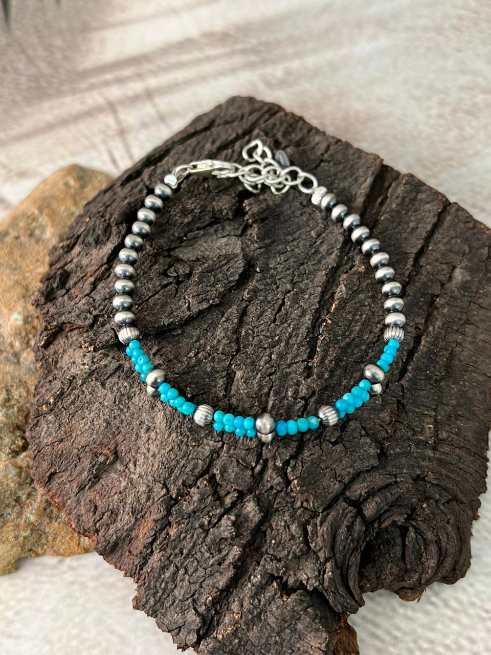 Handmade Sterling Silver Kingman Turquoise Beaded Bracelet "Signed Nizhoni"