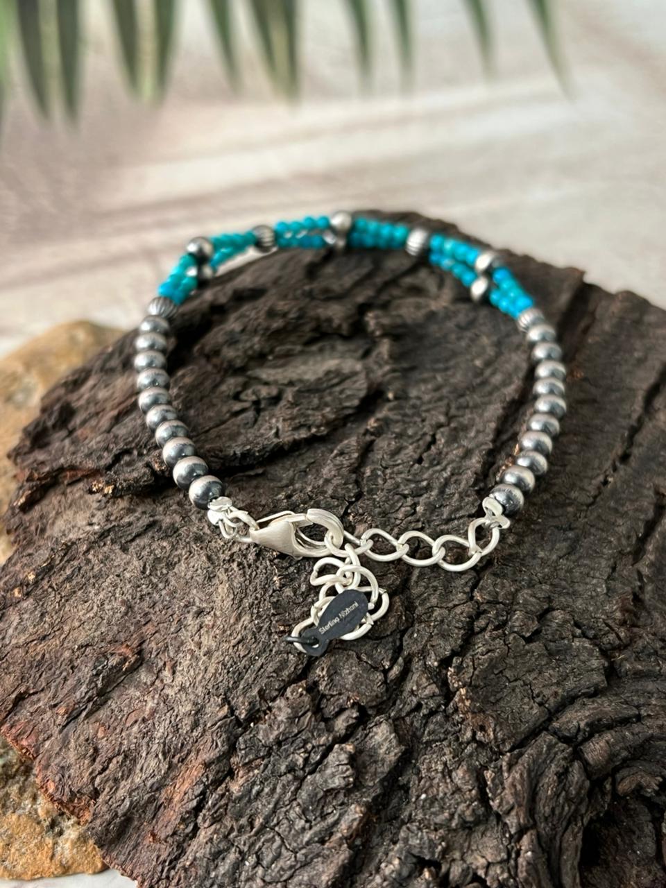 Handmade Sterling Silver Kingman Turquoise Beaded Bracelet "Signed Nizhoni"