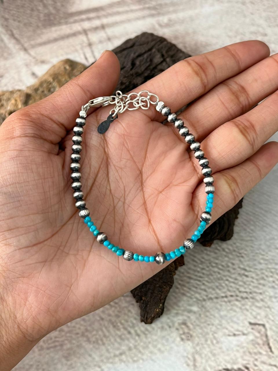 Handmade Sterling Silver Kingman Turquoise Beaded Bracelet "Signed Nizhoni"