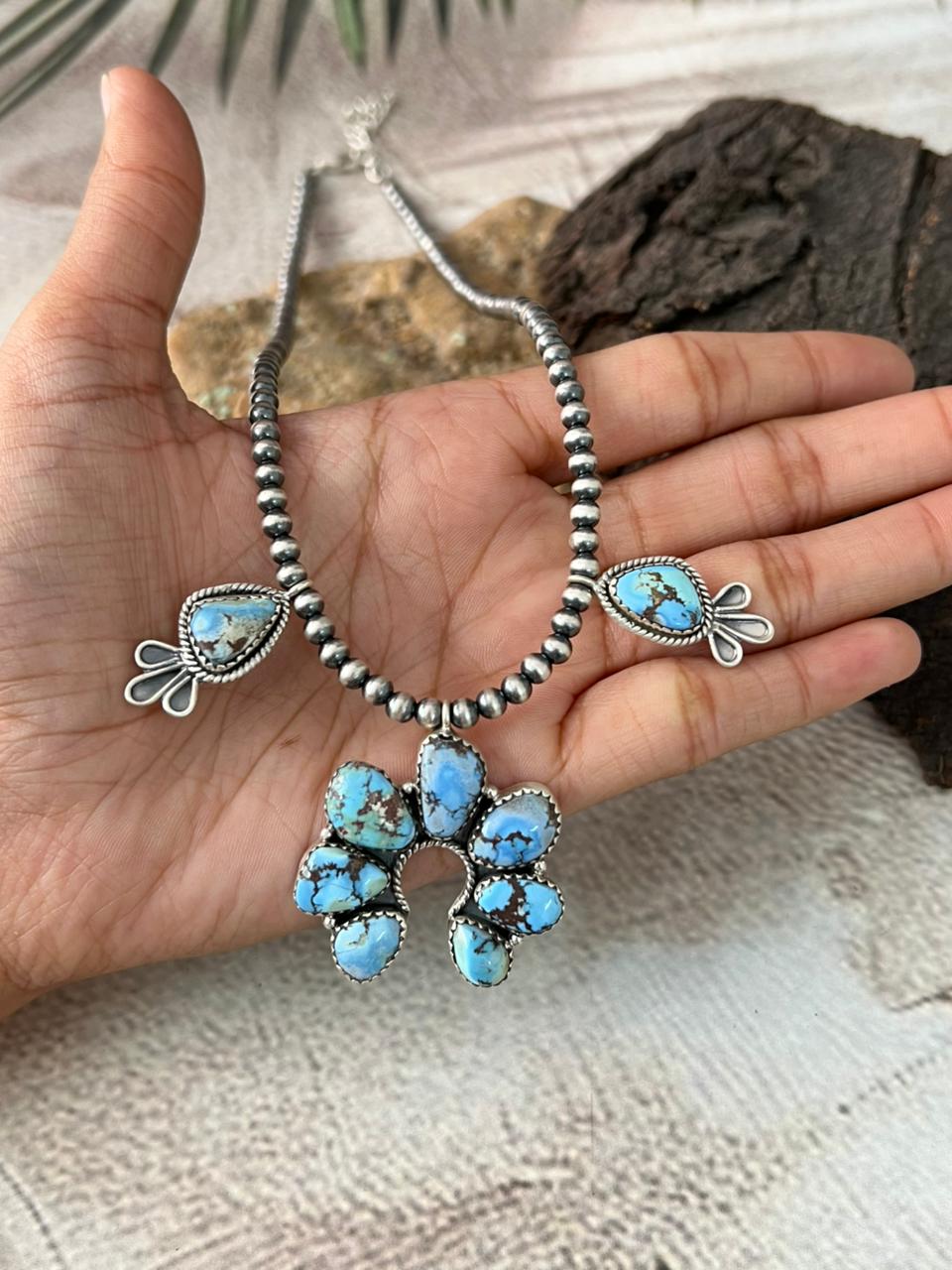 Handmade Sterling Silver Golden Hills Turquoise Beaded Necklace "Signed Nizhoni"