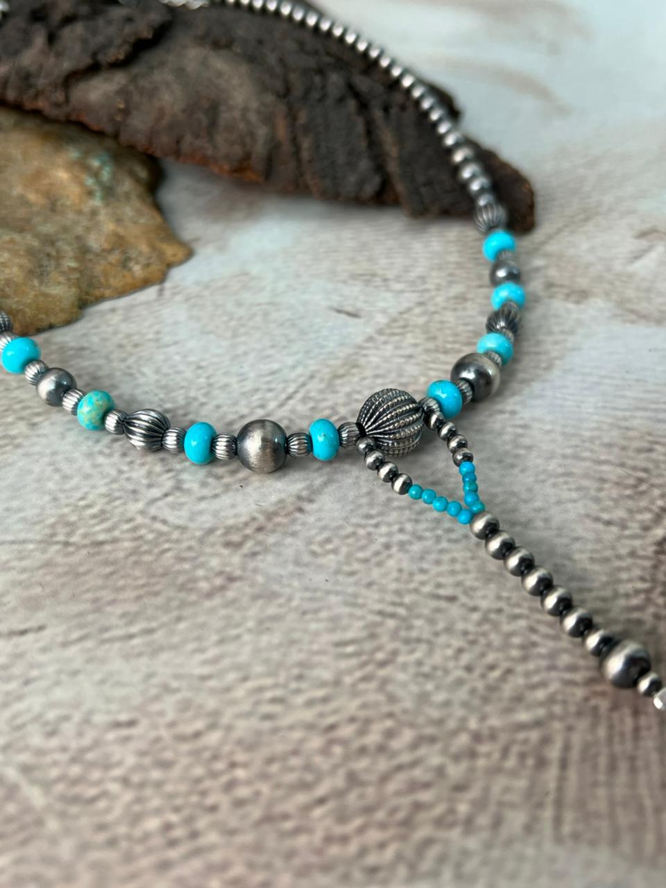 Handmade Sterling Silver Kingman Turquoise Beaded Necklace "Signed Nizhoni"