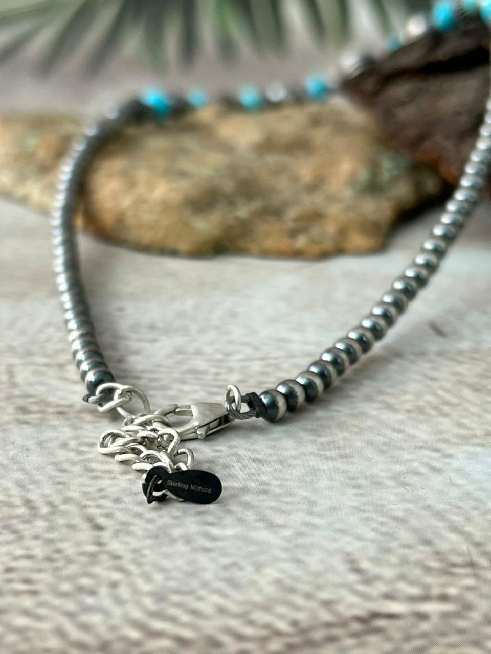 Handmade Sterling Silver Kingman Turquoise Beaded Necklace "Signed Nizhoni"
