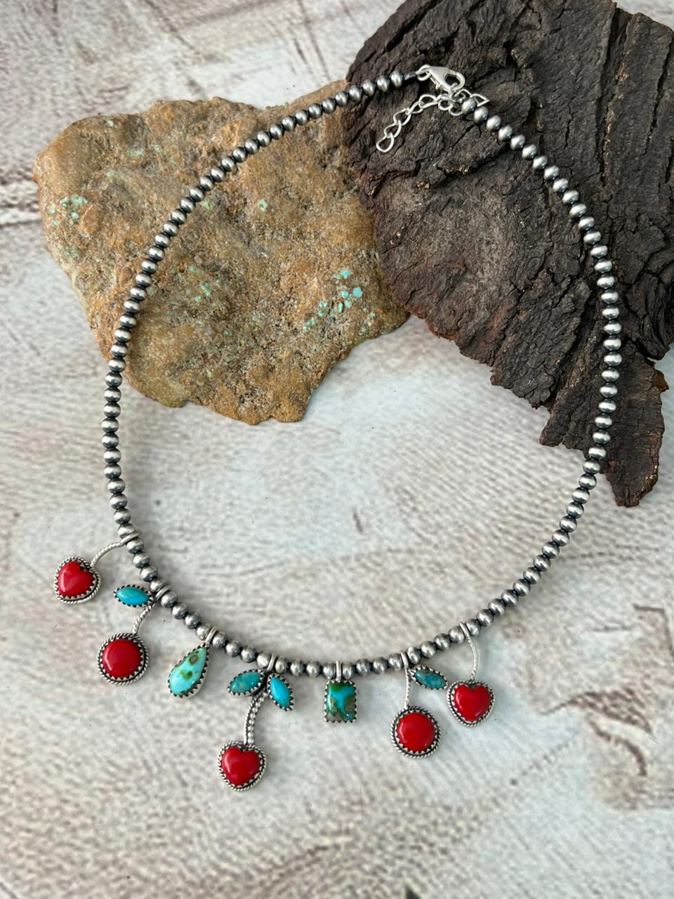 Handmade Sterling Silver Rosarita with Sonoran and Kingman Turquoise Beaded Necklace "Signed Nizhoni"