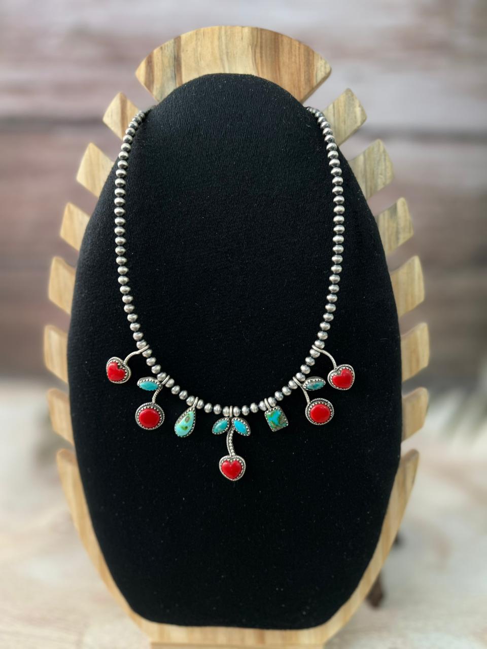 Handmade Sterling Silver Rosarita with Sonoran and Kingman Turquoise Beaded Necklace "Signed Nizhoni"