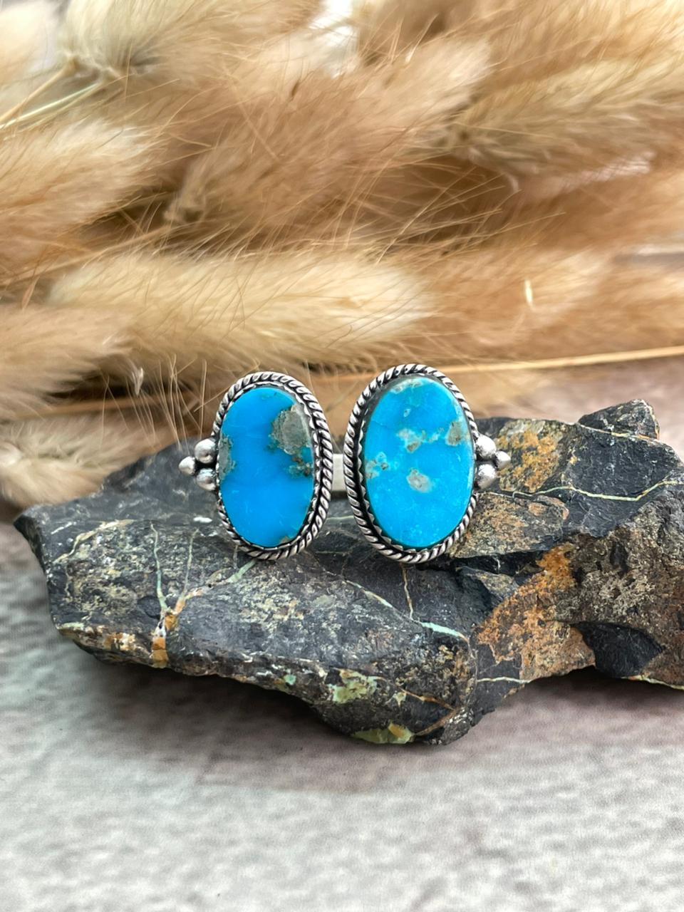 Handmade Sterling Silver Blue Kingman Turquoise Adjustable Ring "Signed Nizhoni"