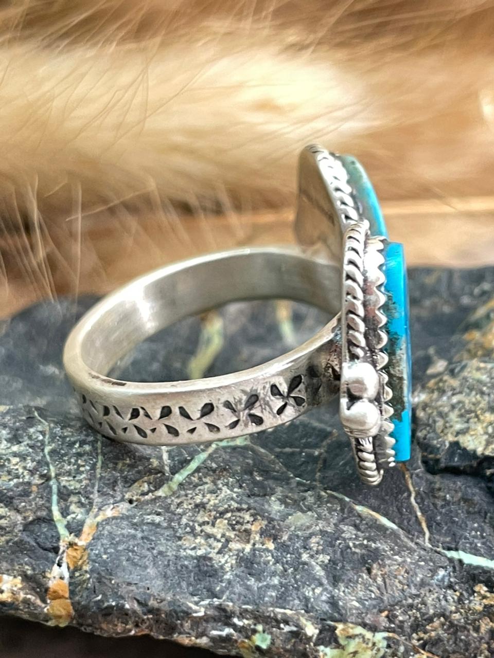 Handmade Sterling Silver Blue Kingman Turquoise Adjustable Ring "Signed Nizhoni"