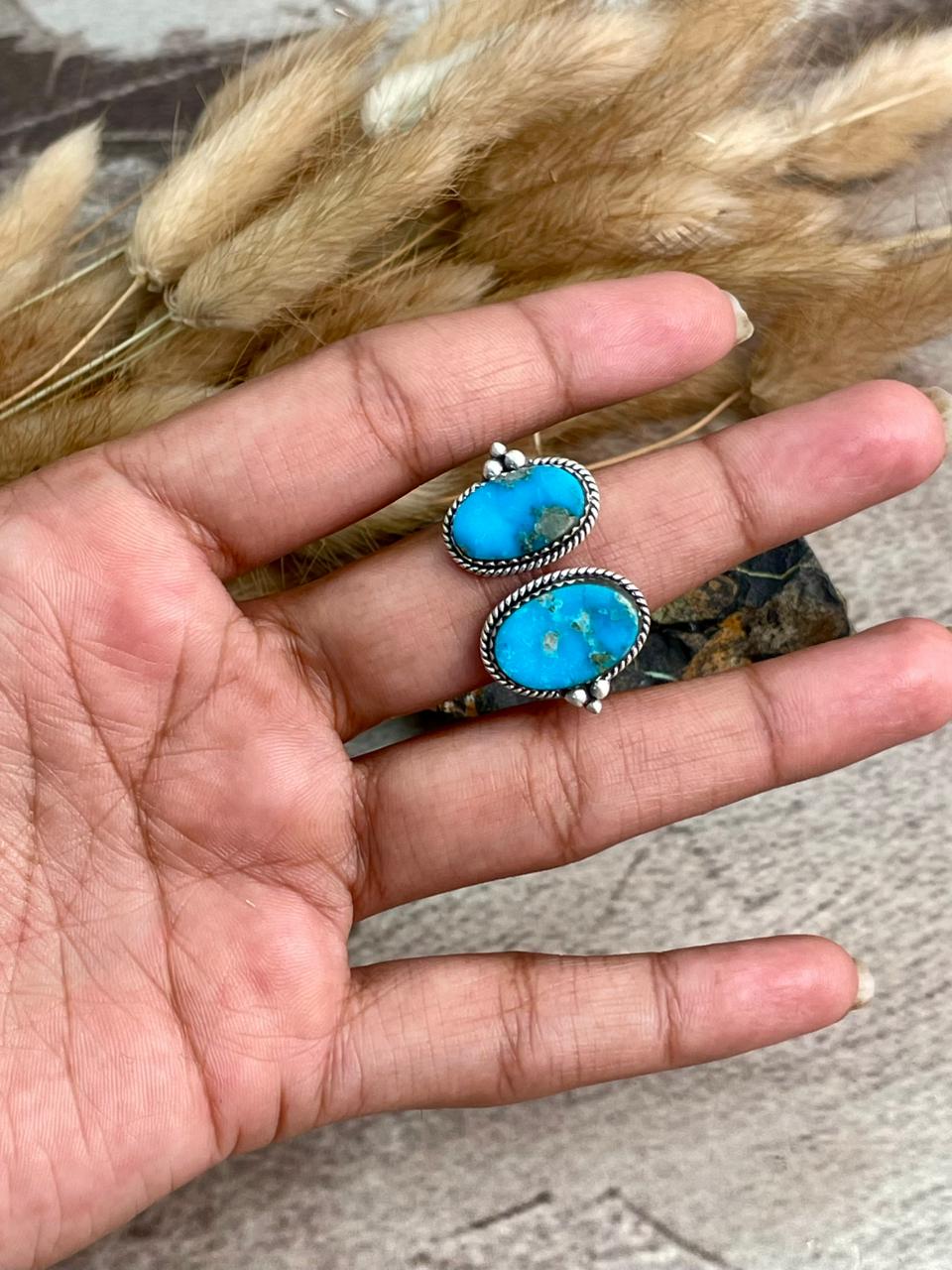 Handmade Sterling Silver Blue Kingman Turquoise Adjustable Ring "Signed Nizhoni"