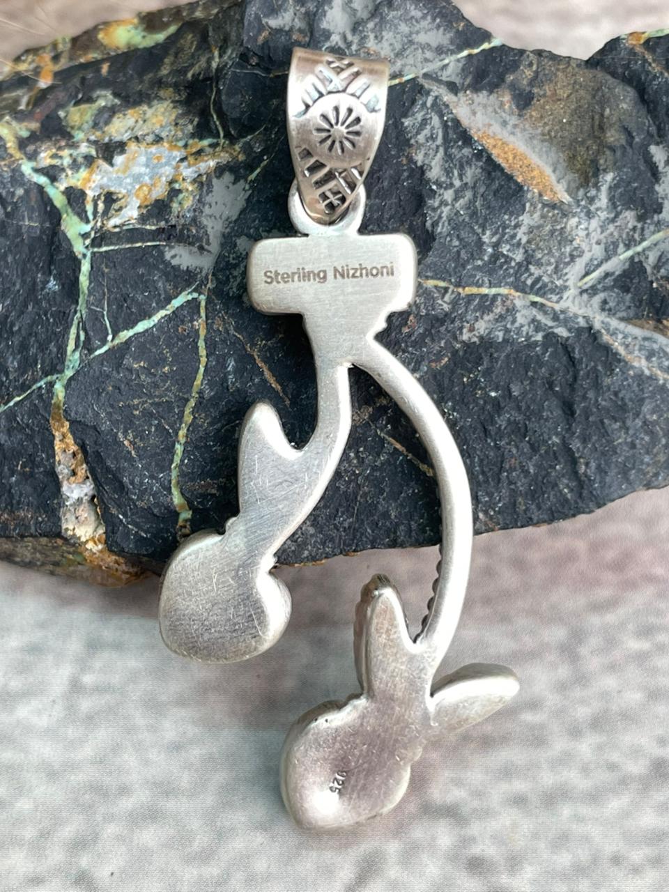 Handmade Sterling Silver Rosarita with Kingman Turquoise Cherry Pendant "Signed Nizhoni"