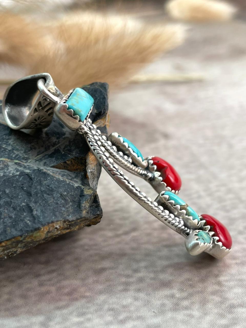 Handmade Sterling Silver Rosarita with Kingman Turquoise Cherry Pendant "Signed Nizhoni"