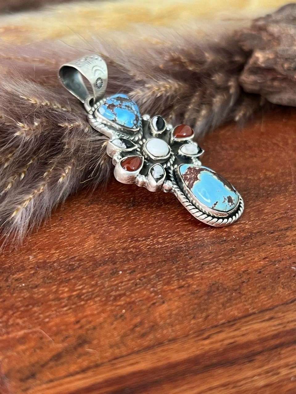 Handmade Sterling Silver Canyon Sunset Collection: Golden Hills Turquoise with White Buffalo and Carnelian Pendant "Signed Nizhoni"