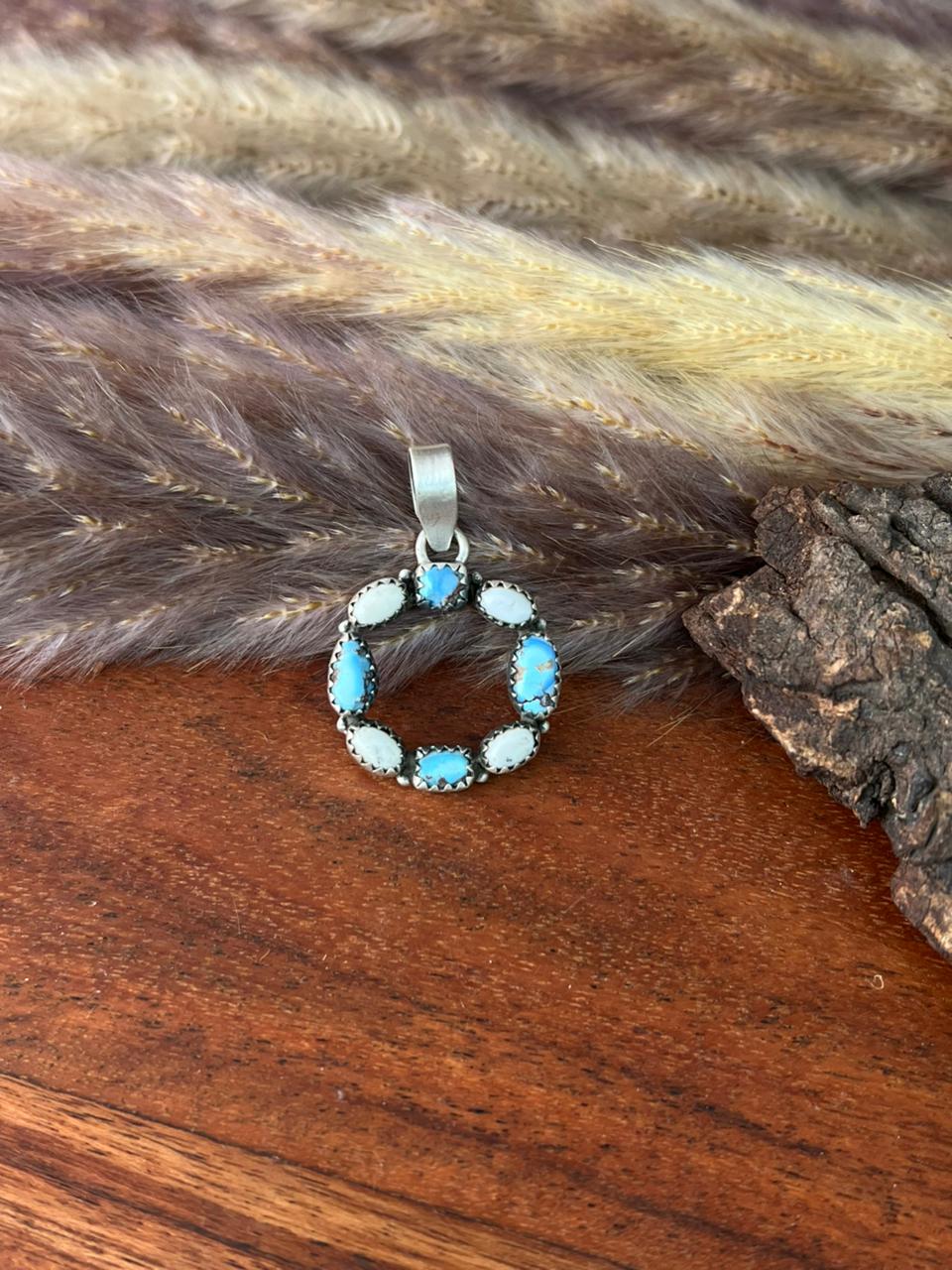 Handmade Sterling Silver Canyon Sunset Collection: Golden Hills Turquoise with White Buffalo Pendant "Signed Nizhoni" (2)
