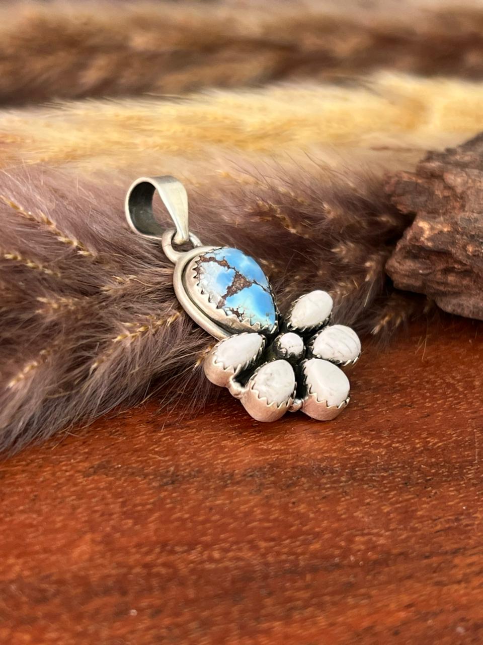Handmade Sterling Silver Canyon Sunset Collection: Golden Hills Turquoise with White Buffalo Pendant "Signed Nizhoni" (3)