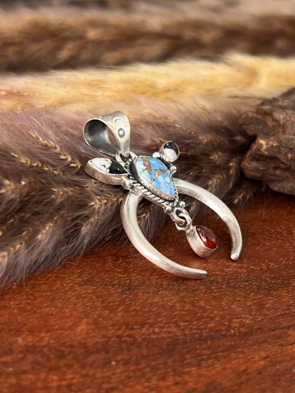 Handmade Sterling Silver Canyon Sunset Collection: Golden Hills Turquoise with White Buffalo and Carnelian Naja Pendant "Signed Nizhoni"