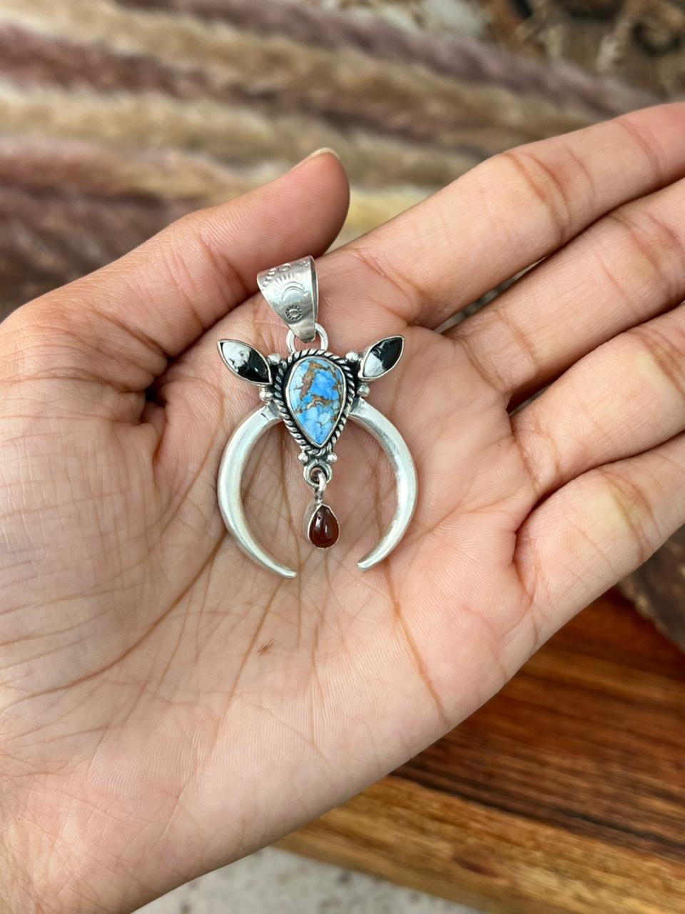 Handmade Sterling Silver Canyon Sunset Collection: Golden Hills Turquoise with White Buffalo and Carnelian Naja Pendant "Signed Nizhoni"