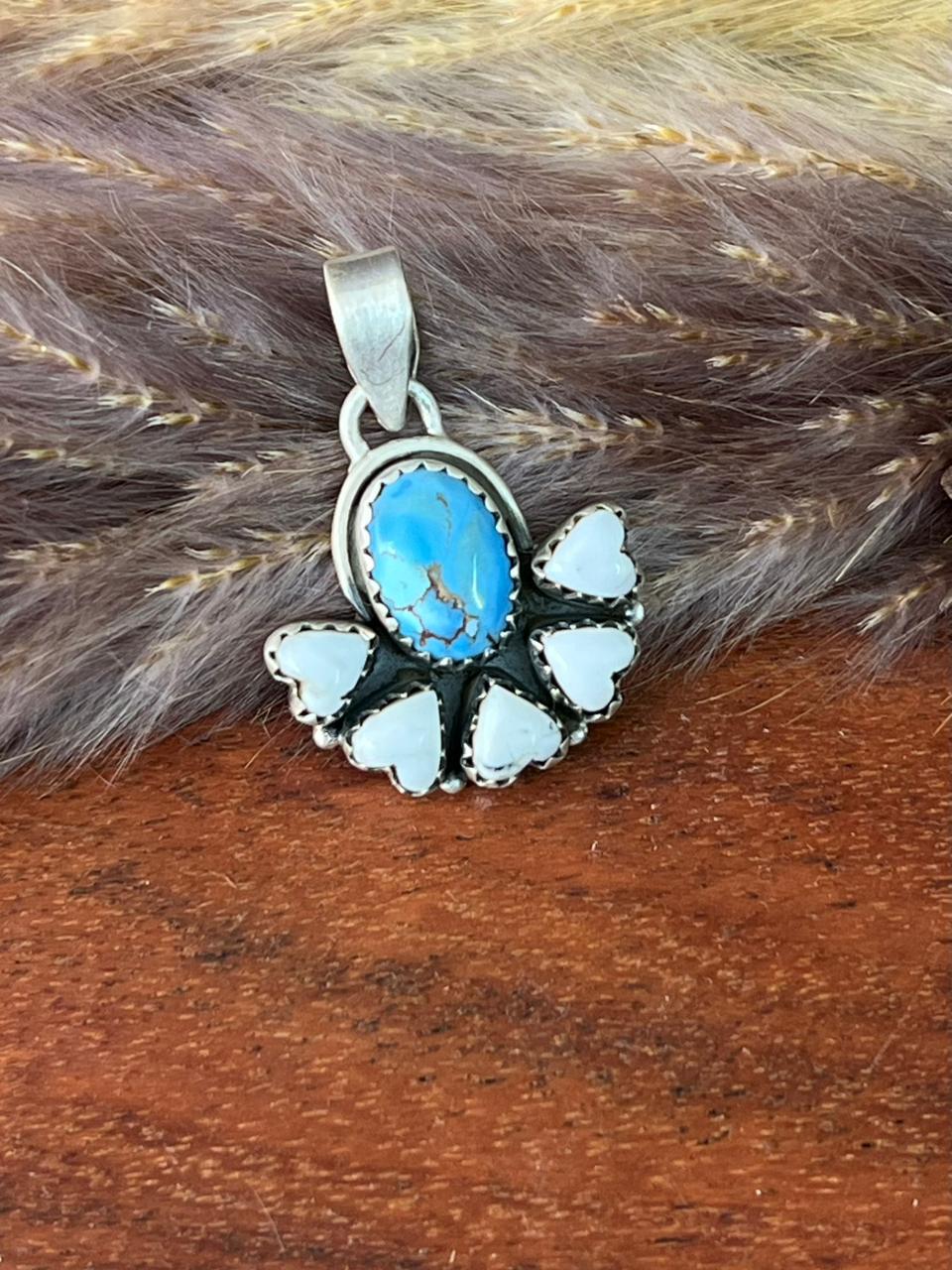 Handmade Sterling Silver Canyon Sunset Collection: Golden Hills Turquoise with White Buffalo Pendant "Signed Nizhoni" (1)
