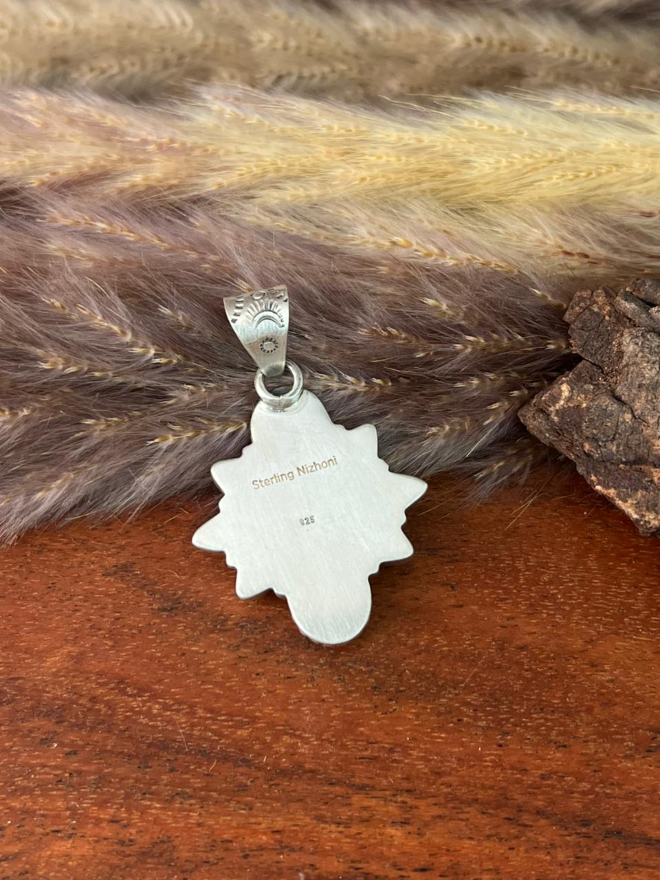 Handmade Sterling Silver Canyon Sunset Collection: Golden Hills Turquoise with White Buffalo and Carnelian Pendant "Signed Nizhoni"