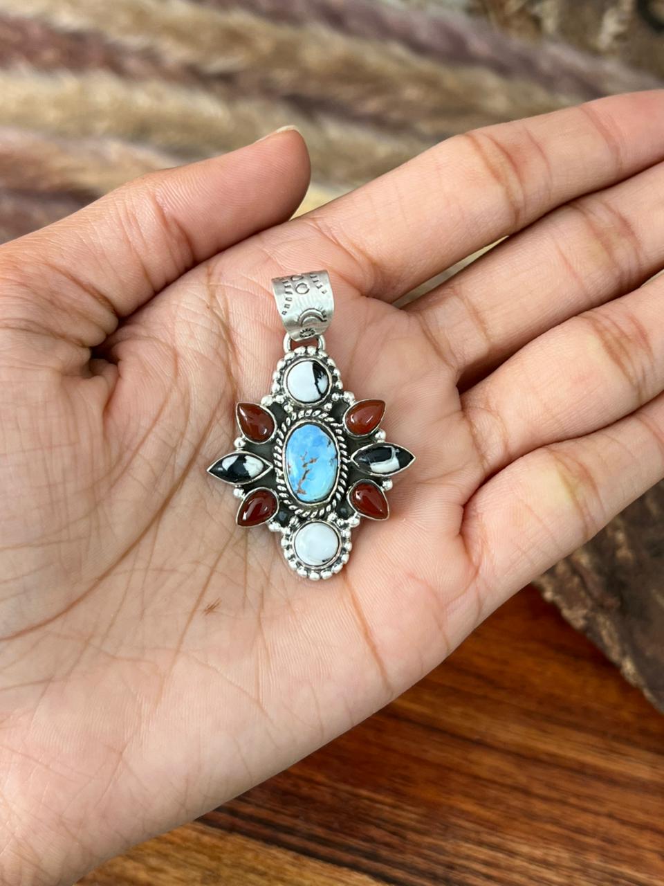 Handmade Sterling Silver Canyon Sunset Collection: Golden Hills Turquoise with White Buffalo and Carnelian Pendant "Signed Nizhoni"