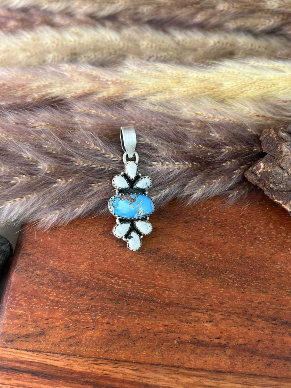 Handmade Sterling Silver Canyon Sunset Collection: Golden Hills Turquoise with White Buffalo Pendant "Signed Nizhoni" (5)