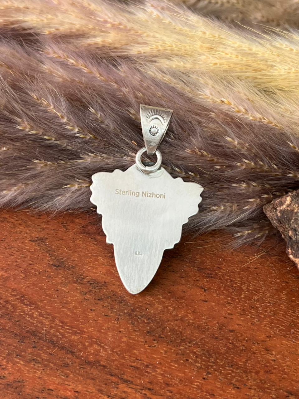 Handmade Sterling Silver Canyon Sunset Collection: Golden Hills Turquoise with White Buffalo and Carnelian Pendant "Signed Nizhoni"