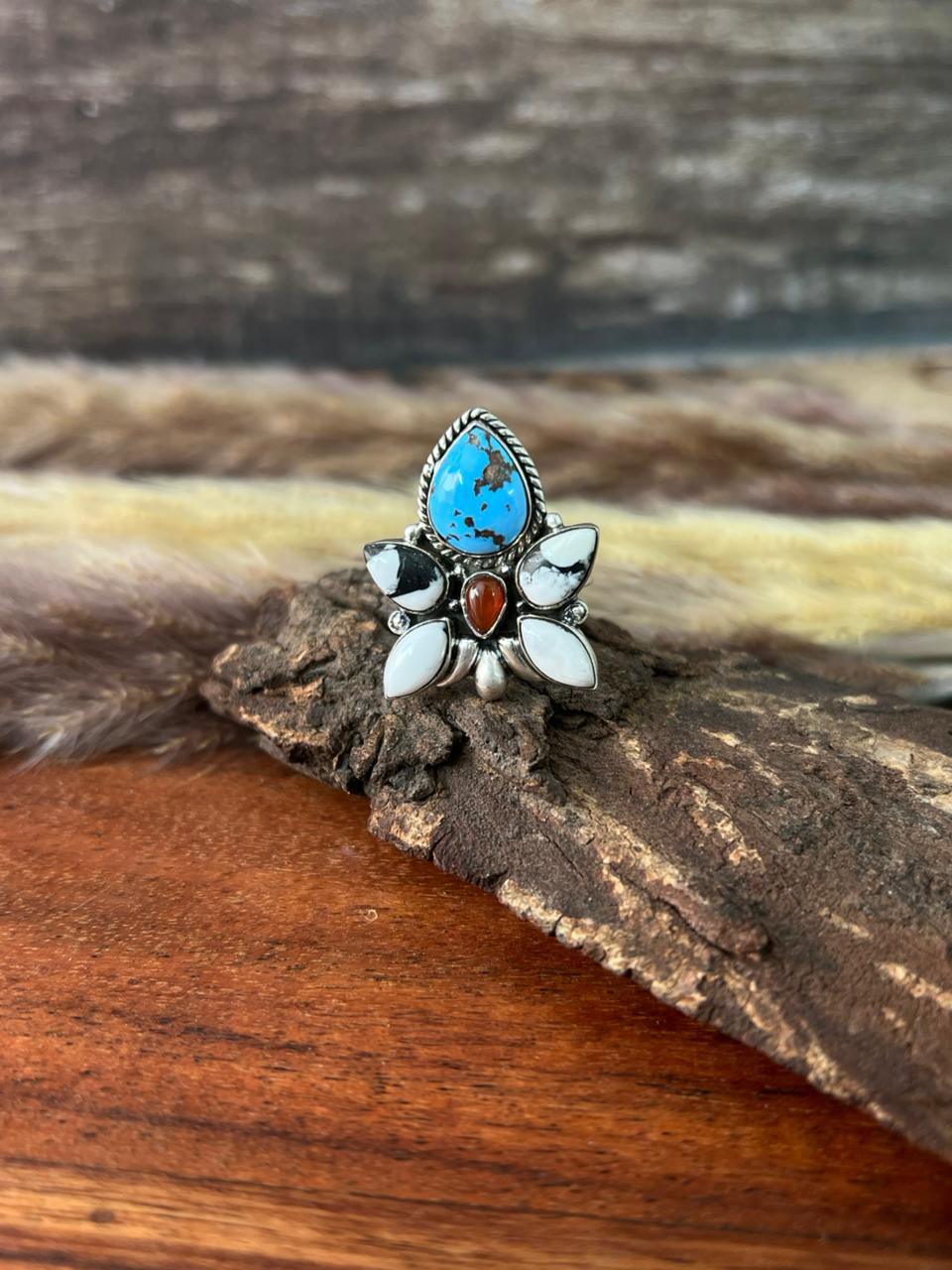 Handmade Sterling Silver Canyon Sunset Collection: Golden Hills Turquoise with White Buffalo and Carnelian Adjustable Ring "Signed Nizhoni"