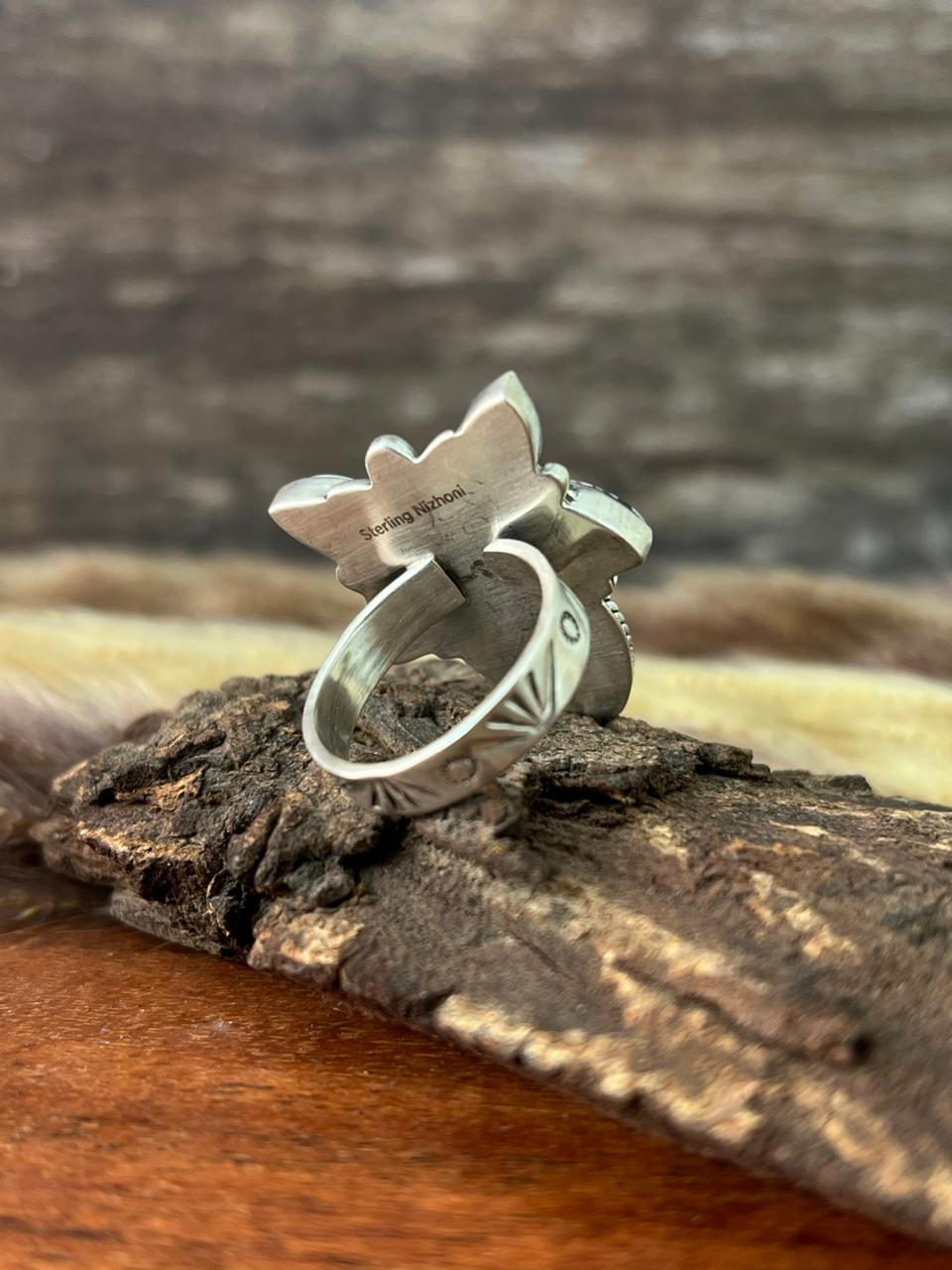 Handmade Sterling Silver Canyon Sunset Collection: Golden Hills Turquoise with White Buffalo and Carnelian Adjustable Ring "Signed Nizhoni"