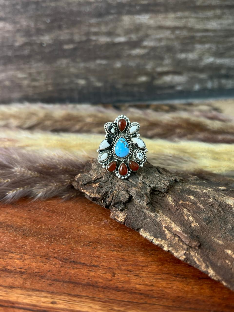 Handmade Sterling Silver Canyon Sunset Collection: Golden Hills Turquoise with White Buffalo and Carnelian Adjustable Ring "Signed Nizhoni"